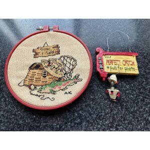 Vtg Cross Stitch "Gone Fish'n Handmade & "The Perfect Catch" Ornament Fishing